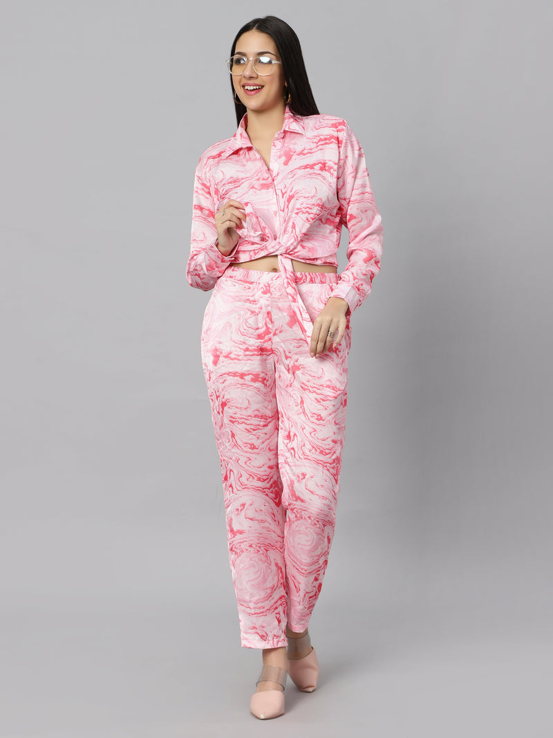 Sea & Mast - Regular Fit Marble Print Modal Cord Set, Collared Button Closure Waist Length With Elasticated Waist Pant, Pink, Plus Size