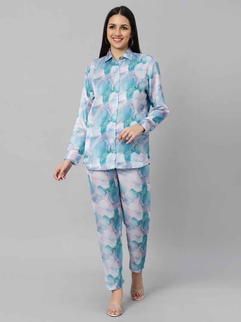 Sea & Mast - Regular Fit Marble Print Modal Cord Set, Collared Button Closure Waist Length With Elasticated Waist Pant, Blue, Plus Size