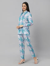 Sea & Mast - Regular Fit Marble Print Modal Cord Set, Collared Button Closure Waist Length With Elasticated Waist Pant, Blue