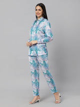 Sea & Mast - Regular Fit Marble Print Modal Cord Set, Collared Button Closure Waist Length With Elasticated Waist Pant, Blue, Plus Size