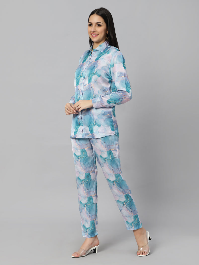 Sea & Mast - Regular Fit Marble Print Modal Cord Set, Collared Button Closure Waist Length With Elasticated Waist Pant, Blue