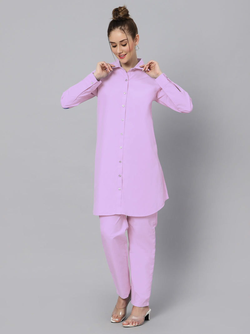 Sea & Mast - Regular Fit Solid Cotton Blend Shirt Kurti Set, Collared Button Closure Knee Length, Light Purple, Plus Size