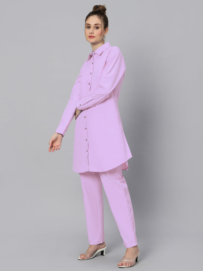 Sea & Mast - Regular Fit Solid Cotton Blend Shirt Kurti Set, Collared Button Closure Knee Length, Light Purple