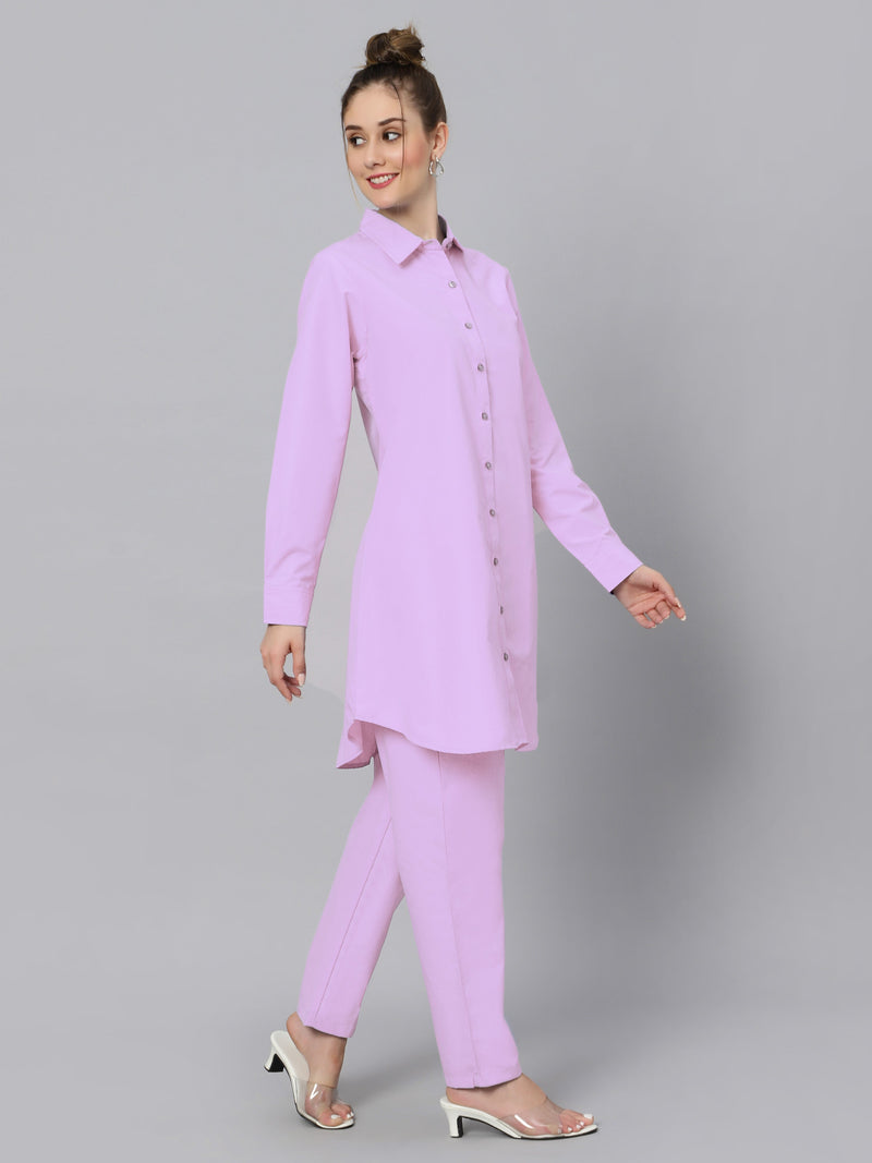 Sea & Mast - Regular Fit Solid Cotton Blend Shirt Kurti Set, Collared Button Closure Knee Length, Light Purple, Plus Size