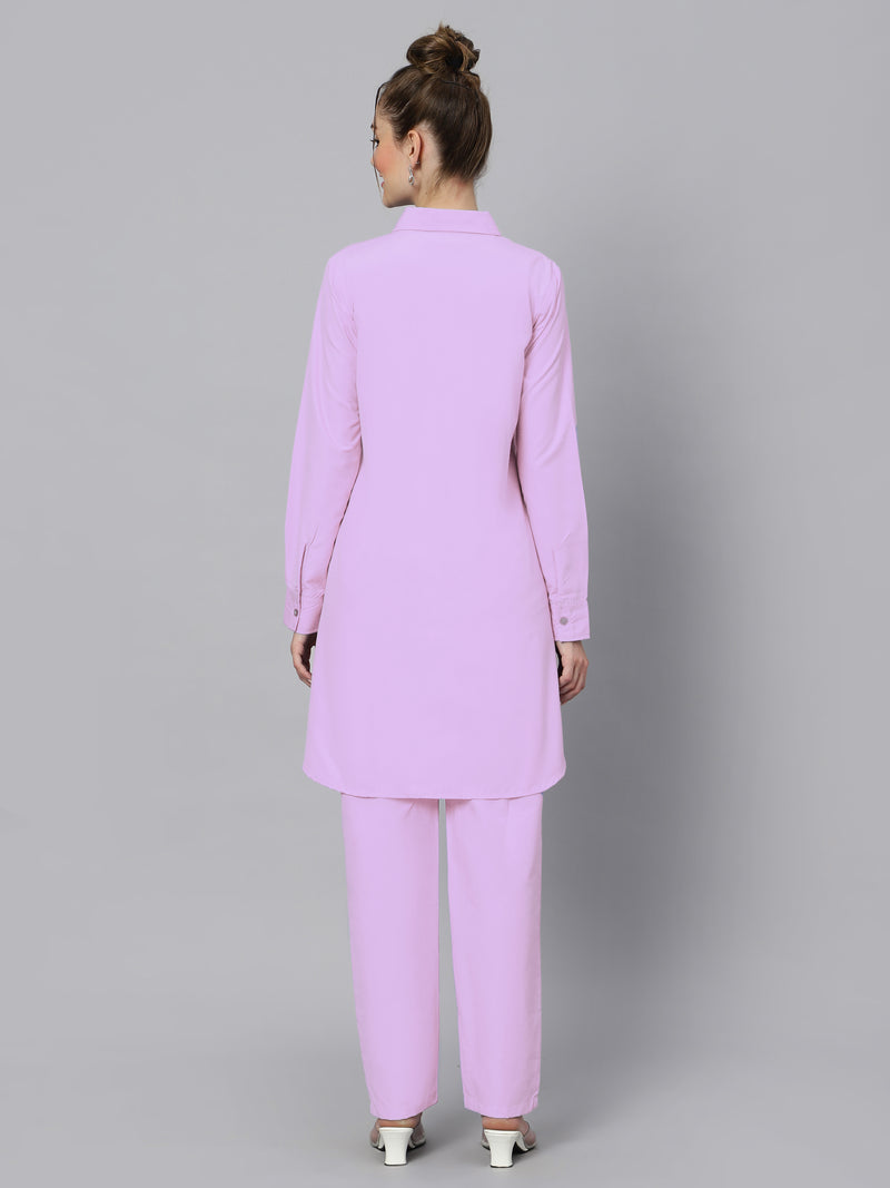 Sea & Mast - Regular Fit Solid Cotton Blend Shirt Kurti Set, Collared Button Closure Knee Length, Light Purple