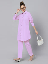 Sea & Mast - Regular Fit Solid Cotton Blend Shirt Kurti Set, Collared Button Closure Knee Length, Light Purple, Plus Size