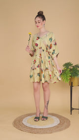 Sea & Mast - Relaxed Fit Floral Rayon Flare Dress, V- Neck Elasticated Mid Thigh Length, Yellow